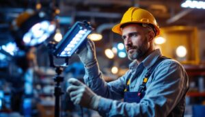 A photograph of a skilled lighting contractor working with a led lamp driver in a well-lit workshop
