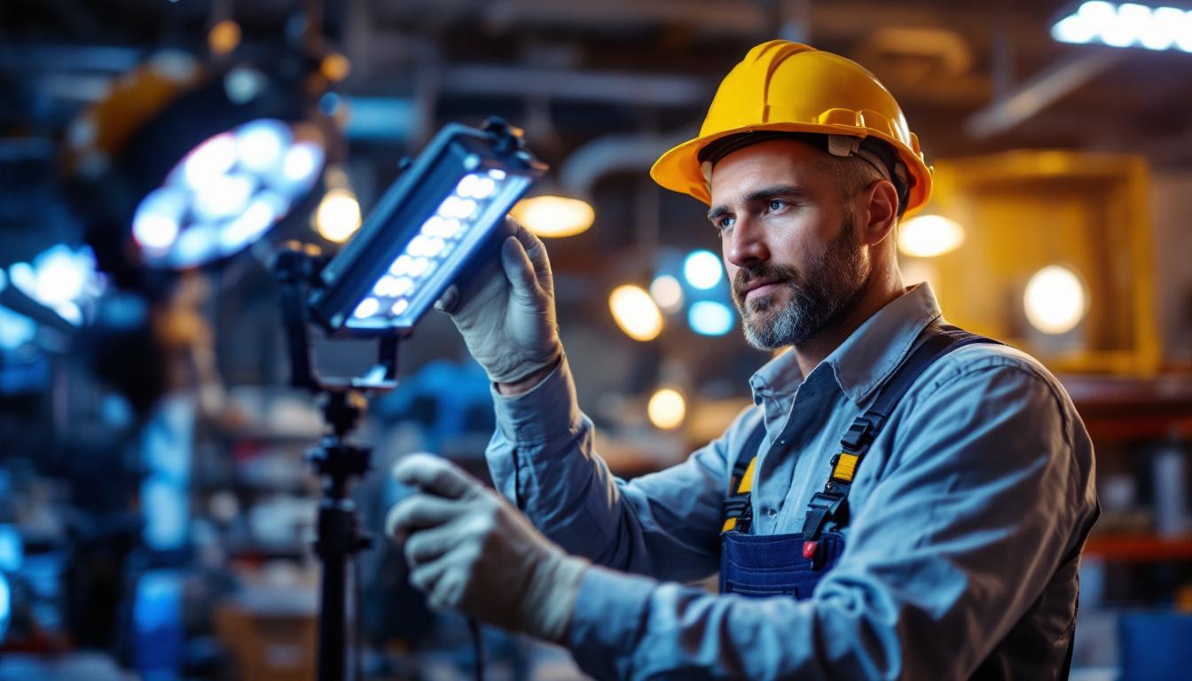 A photograph of a skilled lighting contractor working with a led lamp driver in a well-lit workshop
