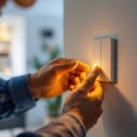 A photograph of a lighting contractor installing a motion sensor three-way light switch in a modern home setting