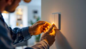 A photograph of a lighting contractor installing a motion sensor three-way light switch in a modern home setting