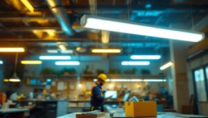 A photograph of a well-lit workspace featuring a variety of t12 fluorescent lights in use