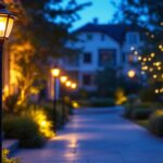A photograph of capture a photograph of a beautifully illuminated outdoor space featuring stylish pole lamps