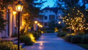 A photograph of capture a photograph of a beautifully illuminated outdoor space featuring stylish pole lamps