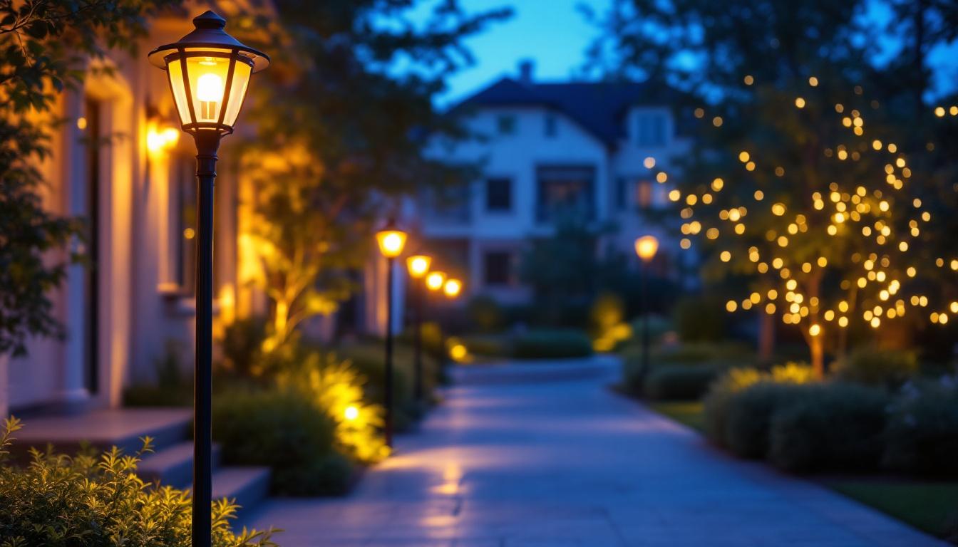 A photograph of capture a photograph of a beautifully illuminated outdoor space featuring stylish pole lamps