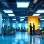 A photograph of a well-lit commercial space featuring a variety of light troffer designs in use
