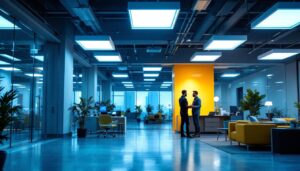 A photograph of a well-lit commercial space featuring a variety of light troffer designs in use