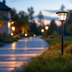 A photograph of a well-lit walkway featuring solar lights in a beautifully landscaped outdoor setting
