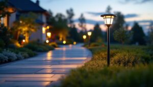 A photograph of a well-lit walkway featuring solar lights in a beautifully landscaped outdoor setting