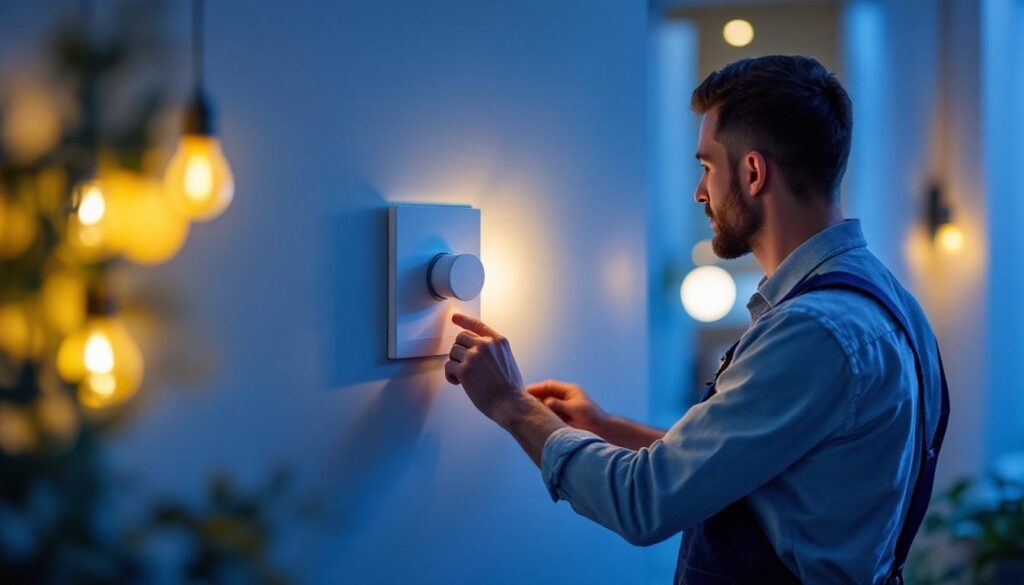 A photograph of a lighting contractor installing a modern dimmer switch alongside an array of energy-efficient led bulbs in a stylish