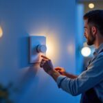 A photograph of a lighting contractor installing a modern dimmer switch alongside an array of energy-efficient led bulbs in a stylish