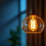 A photograph of a stylishly designed hanging light fixture with an intricate chain