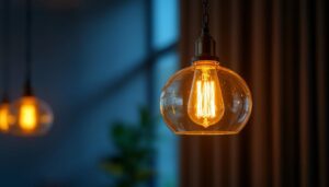 A photograph of a stylishly designed hanging light fixture with an intricate chain