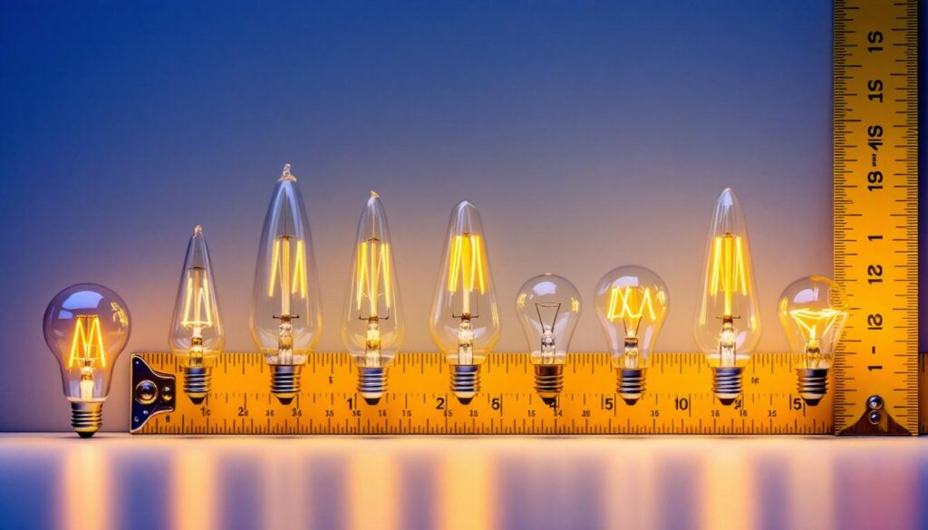A photograph of a variety of candelabra bulbs displayed alongside a measuring tape or ruler