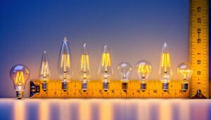 A photograph of a variety of candelabra bulbs displayed alongside a measuring tape or ruler