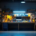 A photograph of a well-lit garage workspace showcasing an led garage shop light illuminating the area