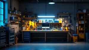 A photograph of a well-lit garage workspace showcasing an led garage shop light illuminating the area