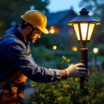 A photograph of a skilled lighting contractor installing or adjusting a stylish post light in a beautifully landscaped outdoor setting
