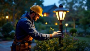 A photograph of a skilled lighting contractor installing or adjusting a stylish post light in a beautifully landscaped outdoor setting