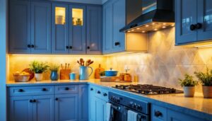 A photograph of a beautifully designed kitchen featuring stylish undercabinet lighting that highlights the countertops and enhances the overall ambiance