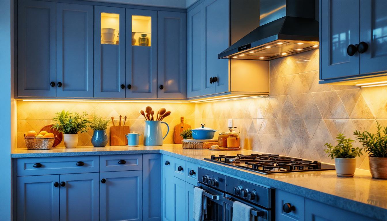 A photograph of a beautifully designed kitchen featuring stylish undercabinet lighting that highlights the countertops and enhances the overall ambiance