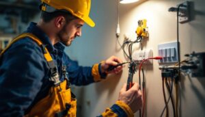 A photograph of a lighting contractor expertly navigating a complex multi-light switch installation