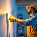 A photograph of a lighting contractor expertly installing goof ring electrical products in a residential or commercial setting