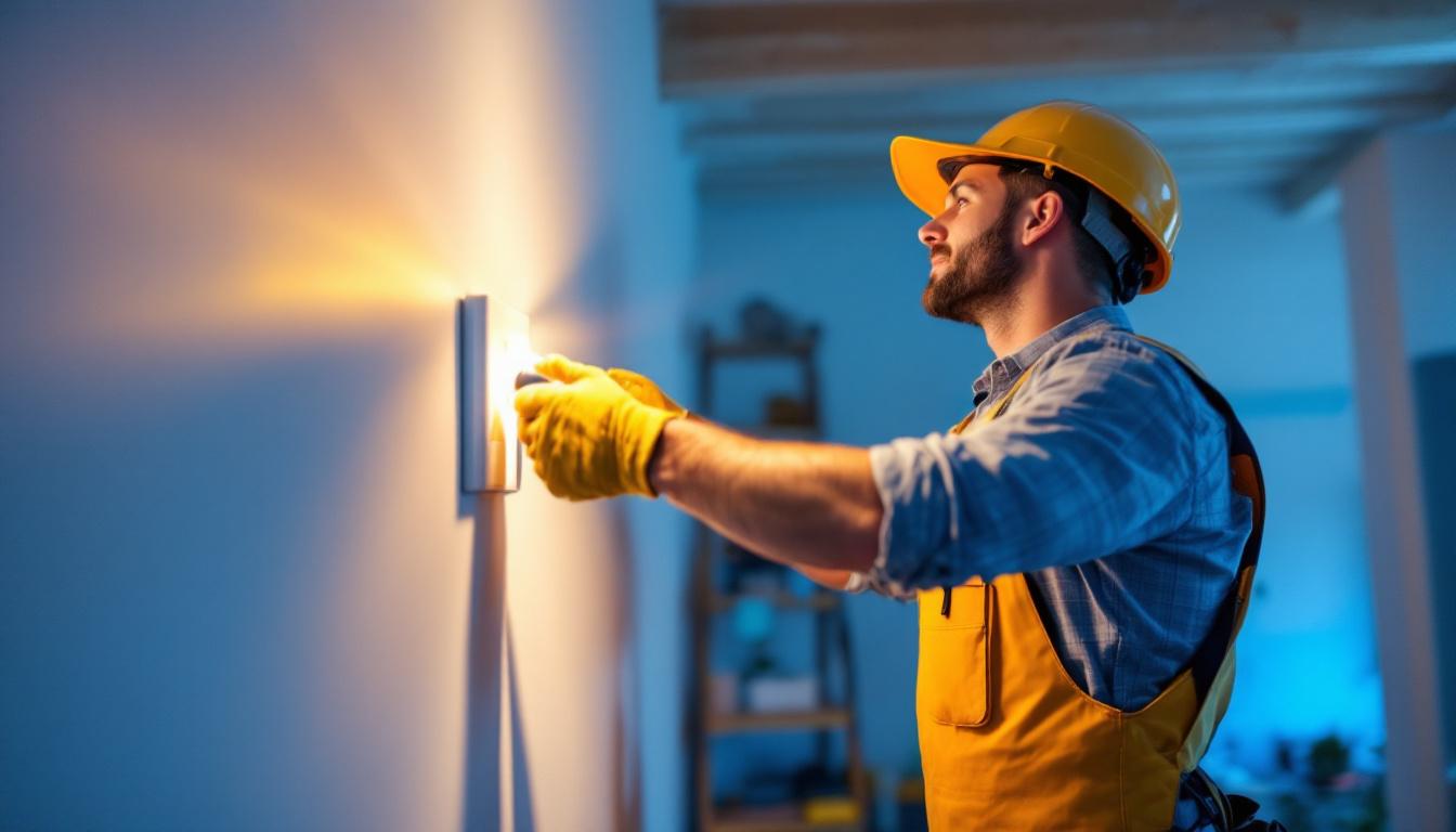 A photograph of a lighting contractor expertly installing goof ring electrical products in a residential or commercial setting