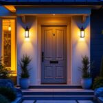 A photograph of a beautifully illuminated exterior front door
