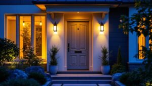 A photograph of a beautifully illuminated exterior front door
