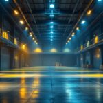 A photograph of a modern warehouse interior illuminated by strategically placed lighting fixtures