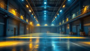 A photograph of a modern warehouse interior illuminated by strategically placed lighting fixtures
