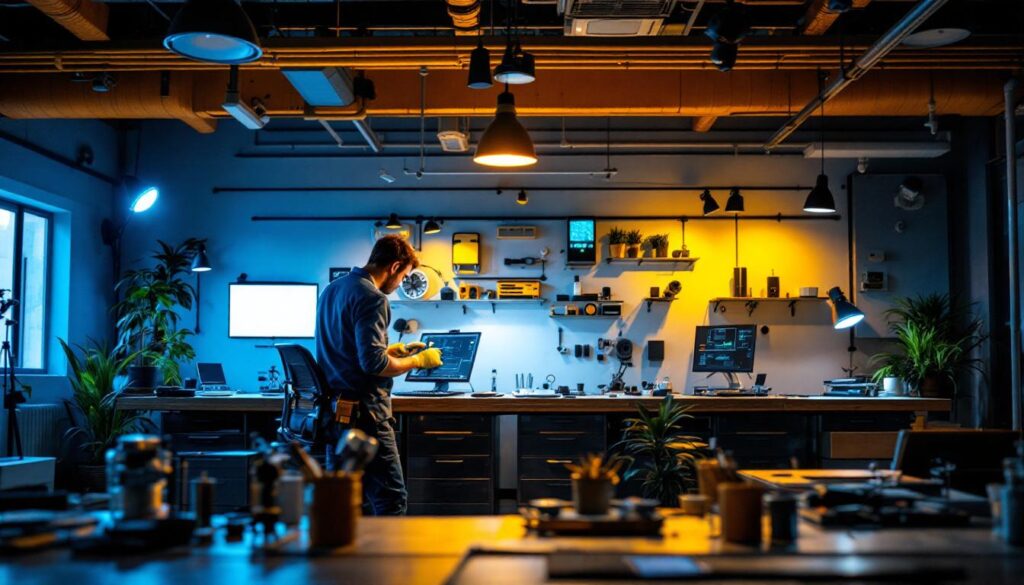 A photograph of a lighting contractor working on a modern installation