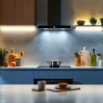 A photograph of a stylish kitchen with sleek stick-on under counter lights illuminating the workspace
