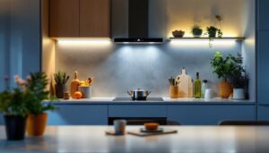 A photograph of a stylish kitchen with sleek stick-on under counter lights illuminating the workspace