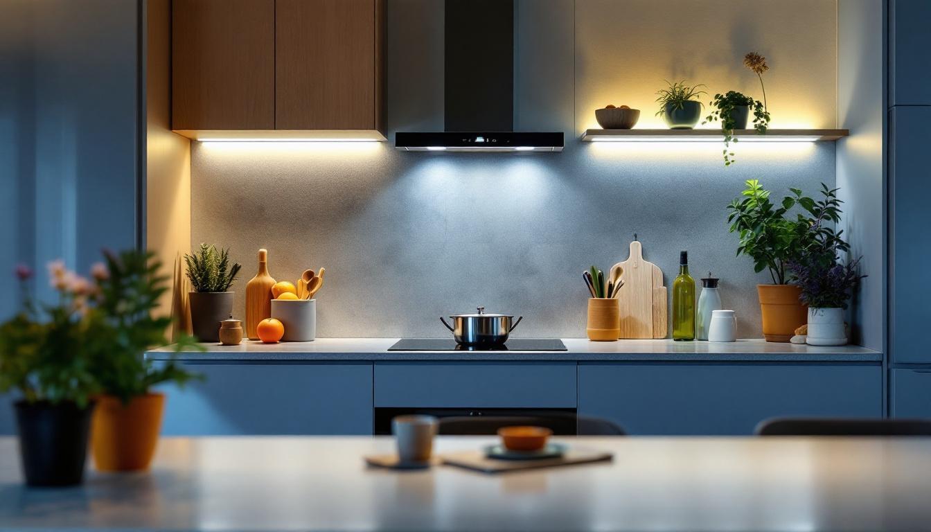 A photograph of a stylish kitchen with sleek stick-on under counter lights illuminating the workspace