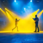 A photograph of a lighting contractor in action