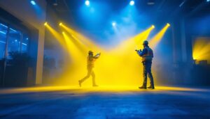A photograph of a lighting contractor in action