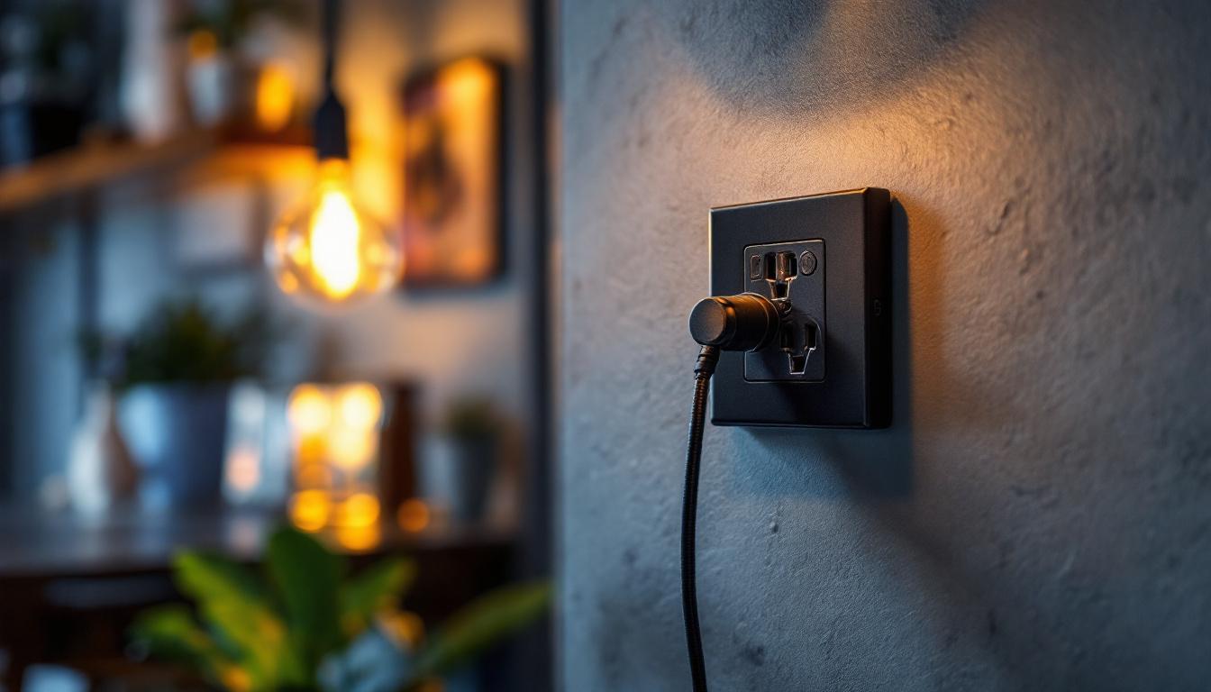 A photograph of a skilled lighting contractor examining a stylish edison outlet installation in a modern home setting