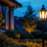 A photograph of a beautifully illuminated exterior post light installed in a residential setting during twilight