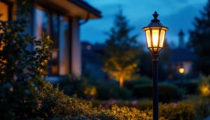 A photograph of a beautifully illuminated exterior post light installed in a residential setting during twilight