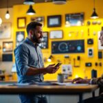 A photograph of a lighting contractor engaged in a dynamic discussion with a client