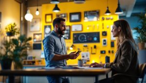 A photograph of a lighting contractor engaged in a dynamic discussion with a client