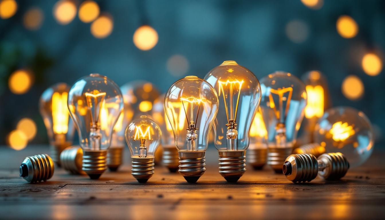 A photograph of a close-up of various standard light bulb bases arranged artistically on a wooden surface