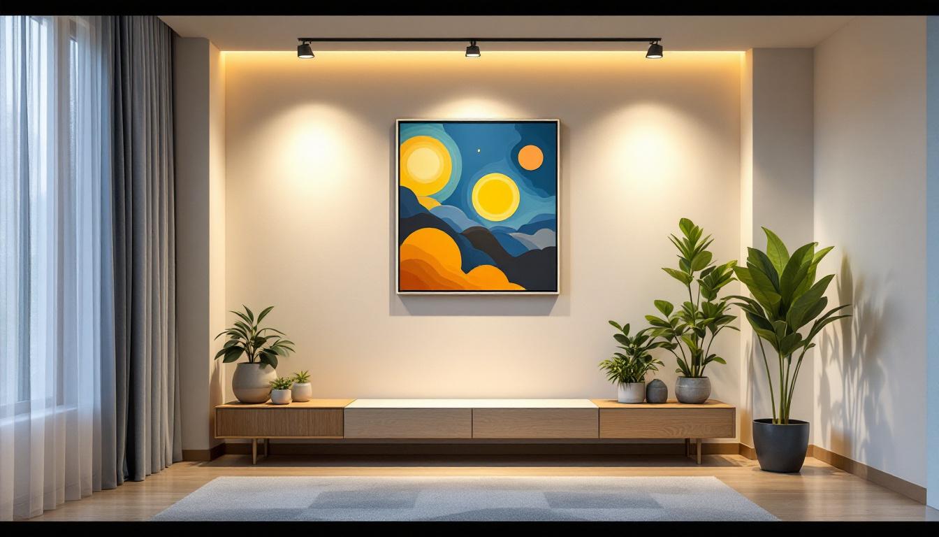 A photograph of a beautifully designed interior space featuring recessed art lighting that highlights a piece of artwork
