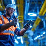A photograph of a lighting contractor installing or inspecting specialized hazardous location lighting fixtures in an industrial setting