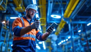 A photograph of a lighting contractor installing or inspecting specialized hazardous location lighting fixtures in an industrial setting
