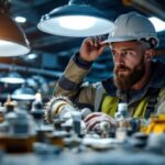 A photograph of a lighting contractor examining a variety of ballast lighting fixtures in a well-lit workshop