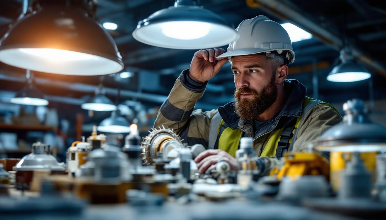 A photograph of a lighting contractor examining a variety of ballast lighting fixtures in a well-lit workshop