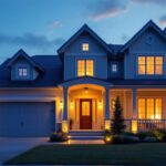 A photograph of a beautifully lit home exterior at dusk