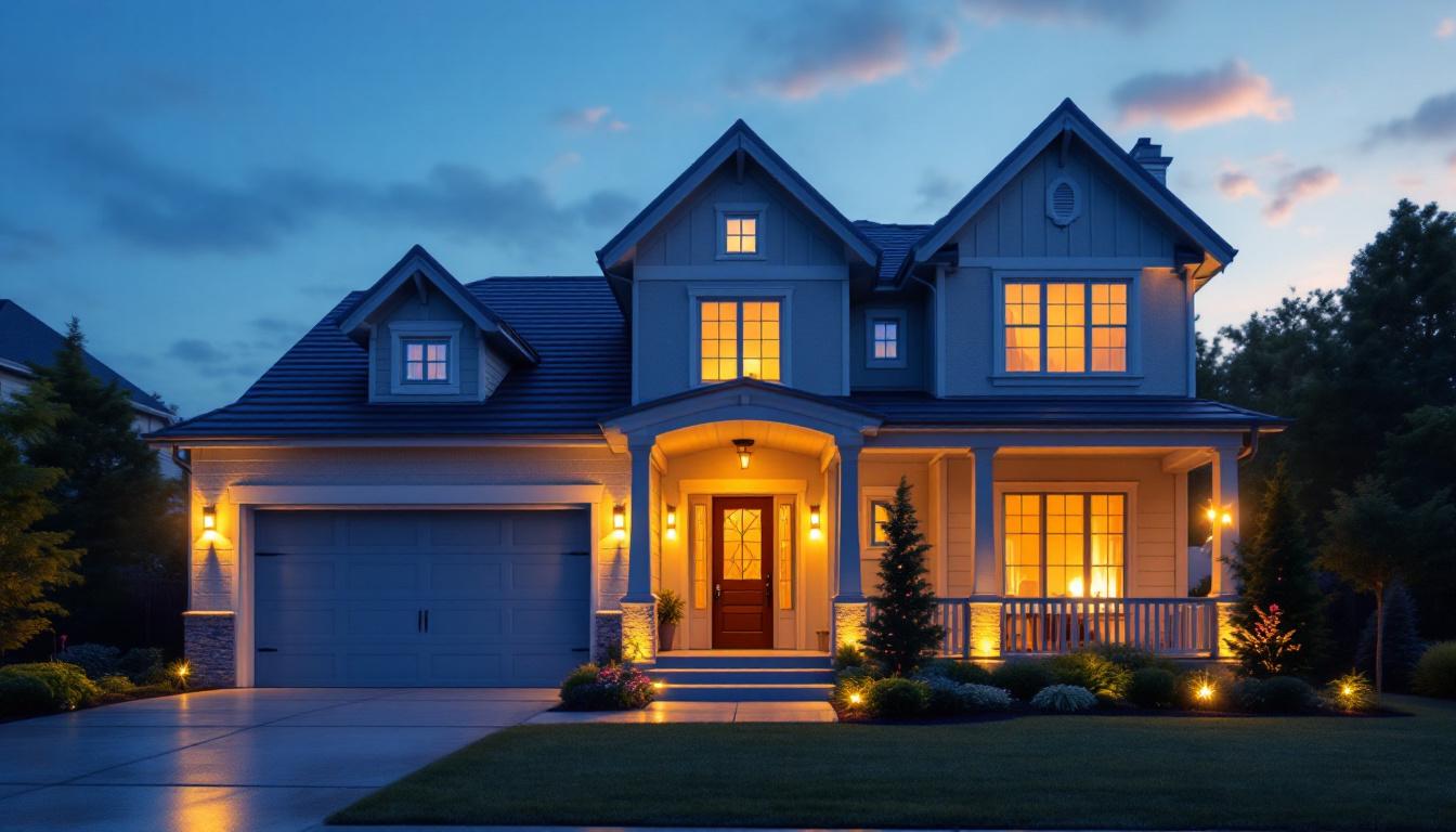 A photograph of a beautifully lit home exterior at dusk